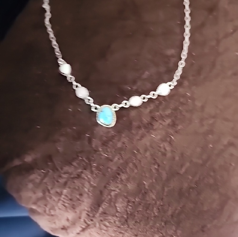 Sterling Silver Necklace with Blue Turquoise and Pink Opal & White Stone Accents - Picture 5 of 7
